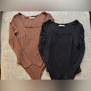 Women’s Long Sleeve Bodysuit Tops Set of Two Brown Black Small Reoria